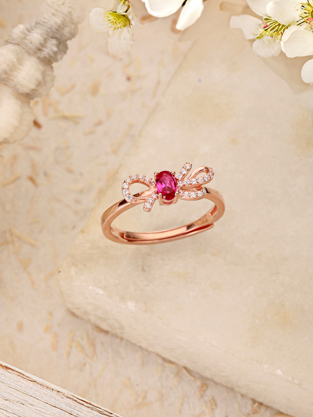 925 Sterling Silver Red Ruby Studded Rose gold Plated  Cherry Bow Adjustable Finger Ring